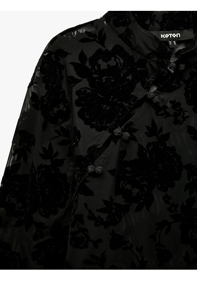 Koton Uzun Kollu Floral Dokulu Dik Qipao Yaka Tül Tişört Siyah Desenli 7wak10023uk