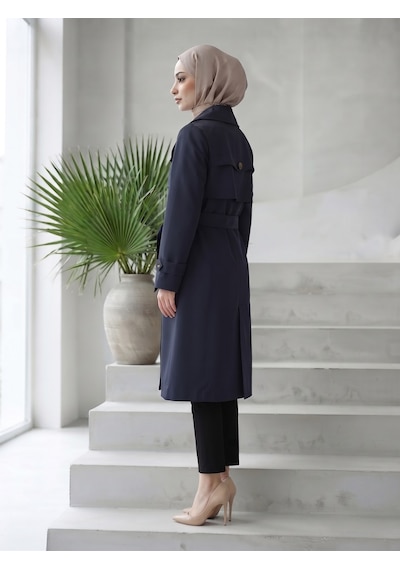 B.he.z Kruvaze Yaka Bondik Su İtici Kumaş Astarlı Trend Model Diz Altı Trençkot Lacivert
