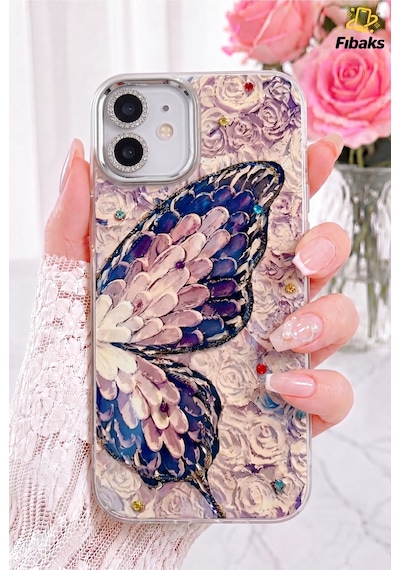 Fibaks iPhone 11 Uyumlu Kılıf Renk Geçişli Taşlı Kamera Lens Korumalı Simli Mor Kelebek Desenli Darbe Emici