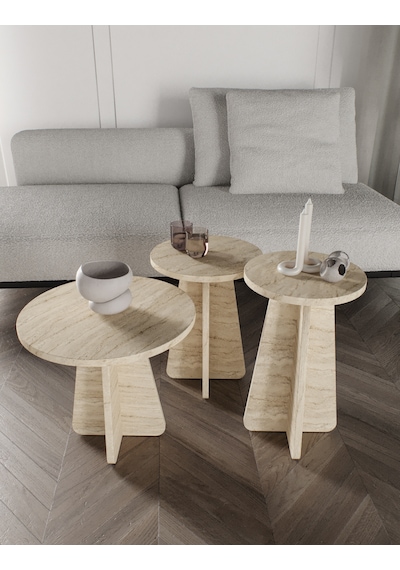 Mush 3lü Zigon Sehpa Traverten Desenli - Tamamı MDF