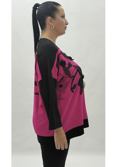 Büyük Beden Taşlı Çiçek Detaylı Uzun Kol Oversize Kadın Bluz Pembe