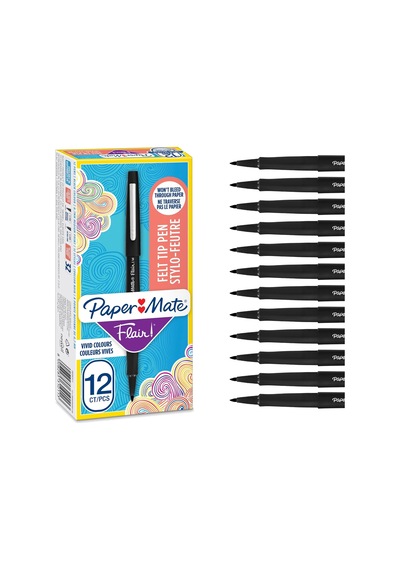 Paper Mate Flair Original - 12'li İnce Uçlu Kalem Paketi - Orta Kalınlıkta - Siyah Çok Renkli