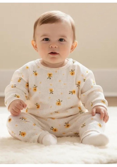 Altıntaş Baby Papatya Desenli Waffle Kumaş Oversize 2'li Kız Bebe Takımı Vanilya Vanilya