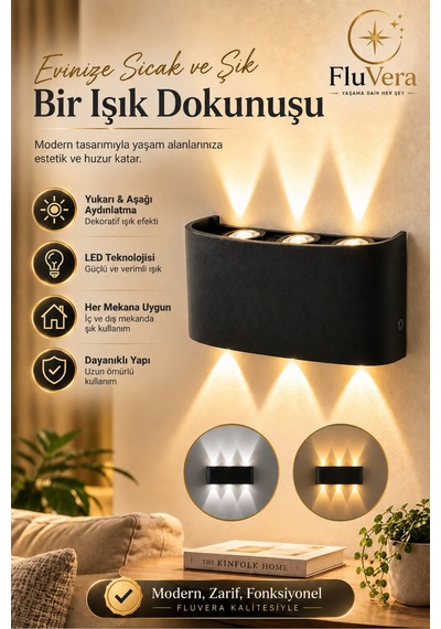 Çift Yönlü Pilsiz Gün Işığı Duvar Lambası İç Dış Mekan Duvar Aydınlatma Dekoratif Led Aplik Siyah