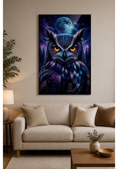 Baykuş Desenli Baskılı Cam Tablo Gizemli Gece Uv Baskı Duvar Dekoru