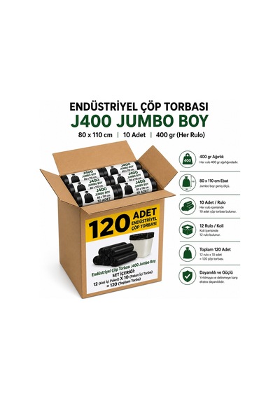 Endüstriyel Jumbo Boy Çöp Torbası Seti 80x110 Cm Siyah - Koli Içi 120 Adet 12 Rulo X 10 Adet Avantajlı Paket