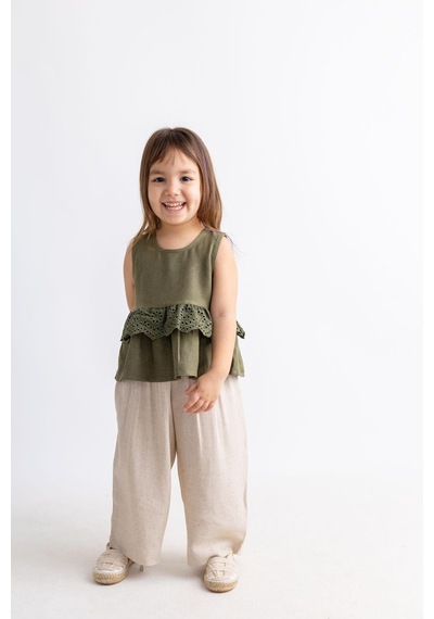 Oliventhekid Beli Tamtur Dantelli Kolsuz Keten Kız Çocuk Bluz Haki Haki