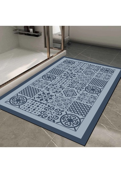 Dijital Kaymaz Yıkanabilir Banyo Mutfak Salon Paspas Halısı Trend Modern Al4008 Indigo