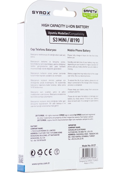 Syrox Samsung Uyumlu Galaxy S3 Mini / İ8190 Batarya 1500 Mah B127