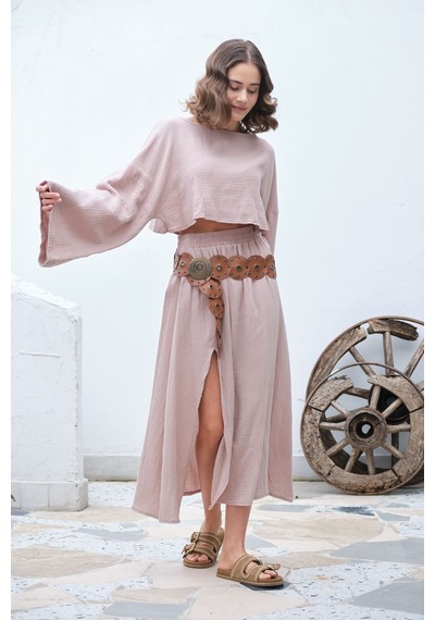 Unika Boutique Ham Keten Bohem Bluz Etek Takım Pembe