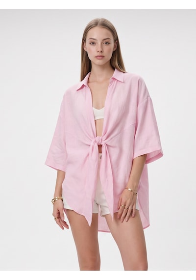 Pera Moda Önden Bağlamalı Uzun Kimono Yazlık İnce Gömlek Hırka Modeli Pembe