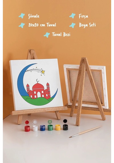 Mavi Hilal İçinde Cami Şövaleli Boya Seti 20x20