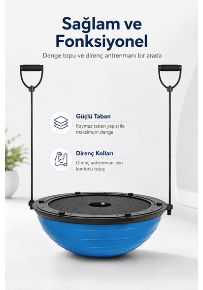 Bosu Ball Denge Topu 45 Cm Pilates Aleti Direnç Lastiği + Pompa Dahil Kaymaz Taban
