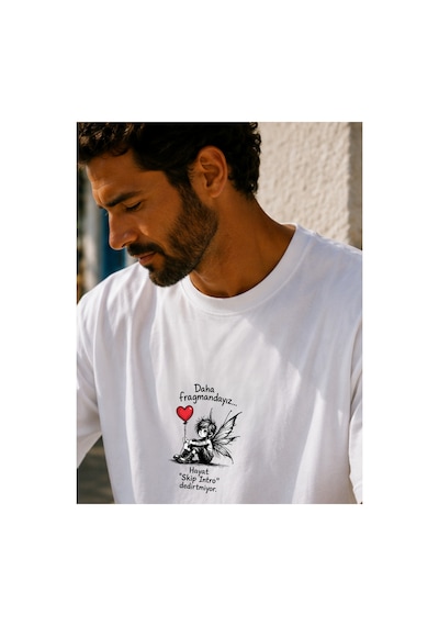 Qmen Style Unisex Beyaz Oversize Baskılı T-shirt Espirili Fragman Baskılı %100 Pamuk