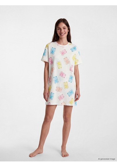 Lcw Young Ekru Bisiklet Yaka Desenli Kadın Gecelik