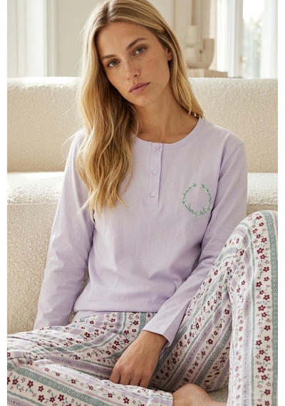 Siyah İnci Nakışlı Düğmeli Pamuklu Likralı Örme Pijama Takım26240349 Lila Siyah İnci Nakışlı Düğmeli Pamuklu Likralı Örme Pijama Takım26240349 Lila