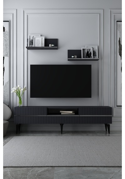 180dhdtrüç5ag Tedy Lazer Pleksi Desenli Raflı Tv Sehpası Ünitesi Antrasit-gümüş