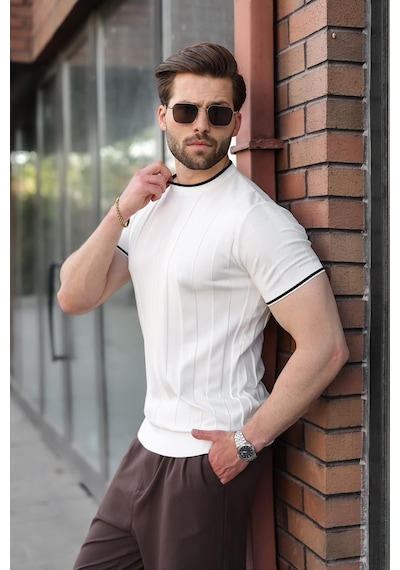 Madmext Beyaz Bisiklet Yaka Regular Fit Triko Erkek Tişört E7487
