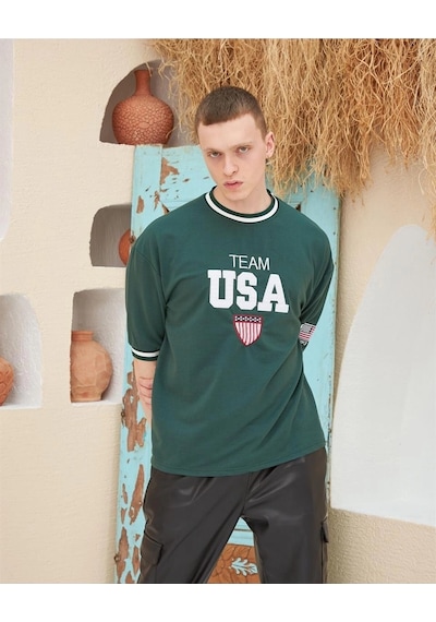 Barlashive Erkek Bisiklet Yaka Tişört Nakış İşlemeli Kısa Kol Oversize T-shirt - Yeşil Çok Renkli