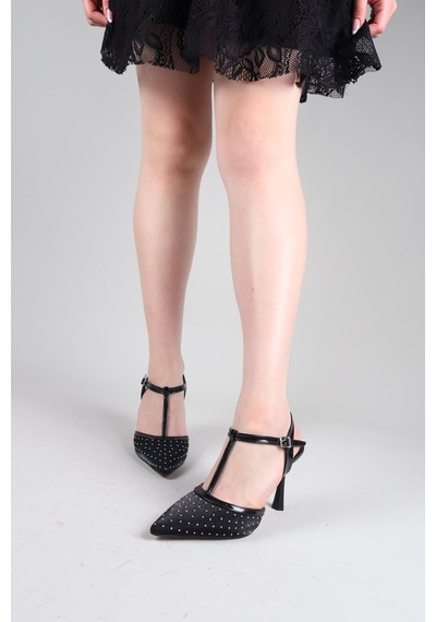 Birikon Arıs Saten Rugan Garnili Stiletto Siyah-8729 Siyah