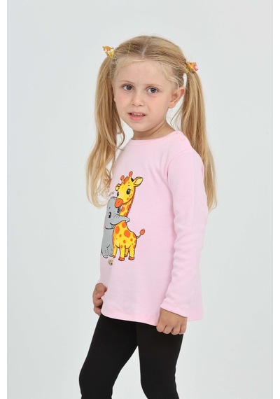 Toontoy Kız Çocuk Zürafa Fil Baskılı Sweatshirt Pembe