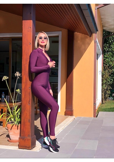 Lismina Mürdüm Rengi Uzun Kollu Spor Tayt Tulum