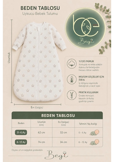 Begi 2.5 Tog Elyaflı Torba Uzun Kollu Uyku Tulumu % 100 Pamuk 6-12 Ay