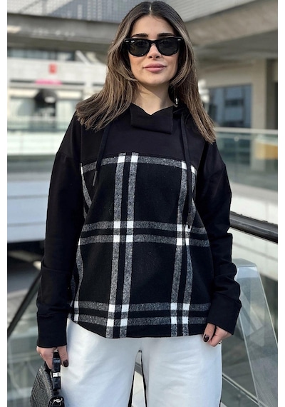 WeShaya Kadın Siyah Ekose Garnili, Rahat Kesim, Kapüşonlu İki İplik Sweatshirt Siyah