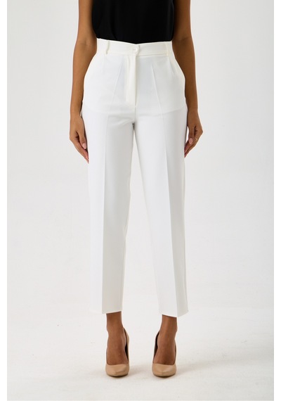 Velnara Moda Kırık Beyaz Dar Paça Cepli Yüksek Bel Dokuma Kumaş Kadın Pantolon Beyaz - 918311251 Beyaz