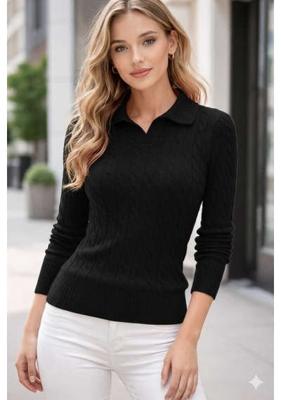 Youknitwear You Riviera %100 Pamuk Polo Yaka Kadın Kazak Siyah