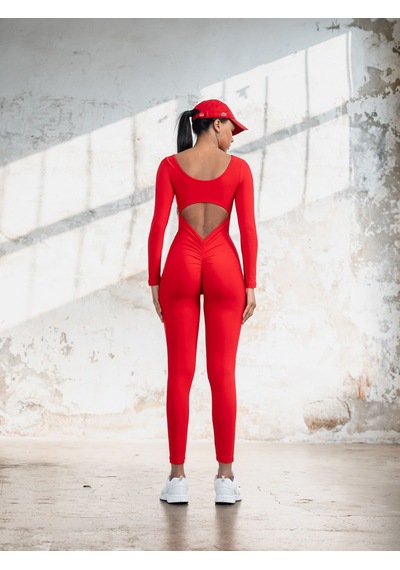 Lismina Kırmızı Uzun Kollu Arkası Büzgülü Scrunch Butt Spor Tulum Kırmızı