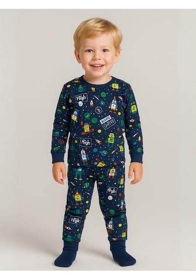 Cantoy Erkek Çocuk Pamuklu Uzay Baskılı Pijama Takımı-16058 Lacivert
