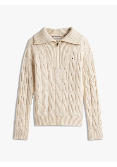 Tommy Hilfiger Soft Wool Cable 1/2 Zıp Ls Swt Kadın Bej Sweatshirt - Ww0ww46425 Bej