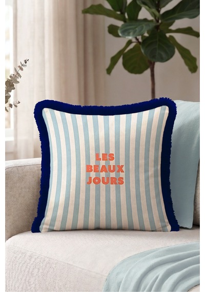 Çizgili Les Beaux Jours Saçaklı Yastık Kılıfı - Marin Retro Mavi Lacivert Püsküllü Kırlent Kılıfı Turkuaz