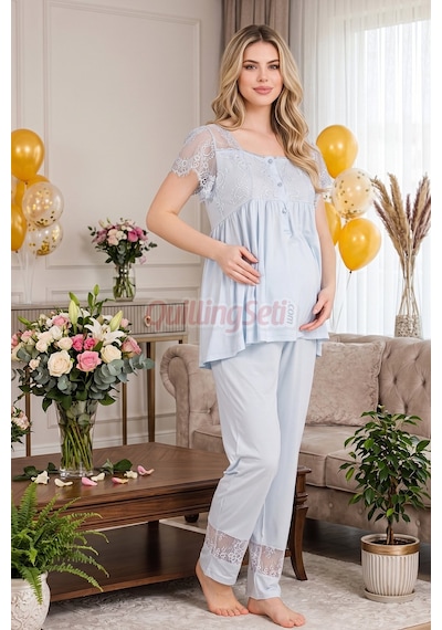 Quilling Lady Mavi Renkli, Derin Patlı, Dantel Detaylı 33002 Sabahlıklı 3lü Lohusa Hamile Pijama Takımı Açık Mavi M - L
