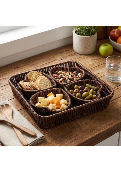 River World Sunum Ve Servis Tabakları Doğal Hasır Görünümlü Plastik Rattan 5 Parça 4 Kalp Formlu Çok Renkli
