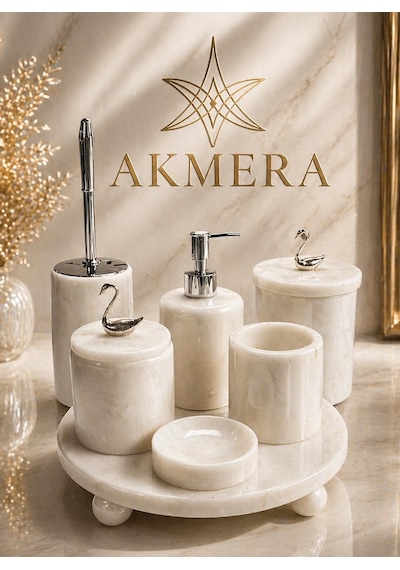 Mermer Top Ayaklı Standlı 7 Parça Lüks Banyo Seti Beyaz - Krom