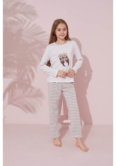 Siyah İnci Pamuklu Örme Pijama Takım 24241110 Gri