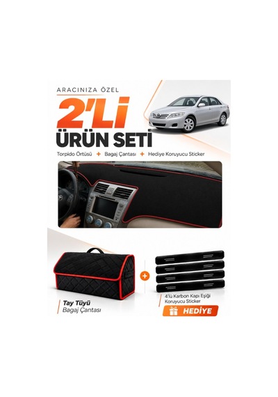 E-biz Toyota Camry 2006-2012 Uyumlu Torpido Örtüsü + Tay Tüyü Çanta - Siyah-kırmızı - To007