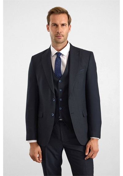 Süvari Lacivert Slim Sivri Yaka 6 Drop Yelekli Takım Elbise Tk1001100188-m09
