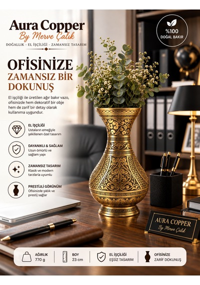 Aura Copper Dekoratif Bakır Vazo 23 Cm Ağır El İşlemeli El Yapımı Obje Çiçeklik Vz-00001