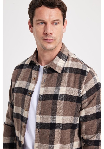 Tudors Erkek Slim Fit Dar Kesim Kareli Kışlık Oduncu Gömlek-42350 Kahverengi