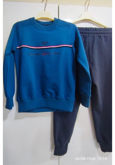 Pina Kids Erkek Çocuk İki İplik Şeritli Baskılı Beli Lastikli Eşofman Takımı Esf7030 Mavi - Lacivert