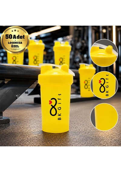 Logonuza Özel 50 Adet S102 550 Ml Shaker - Kapaklı Sporcu Shaker Sarı Beyaz