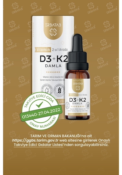 Erbatab D3 K2 İkisi Bir Arada Damla Vitamin 20 ML