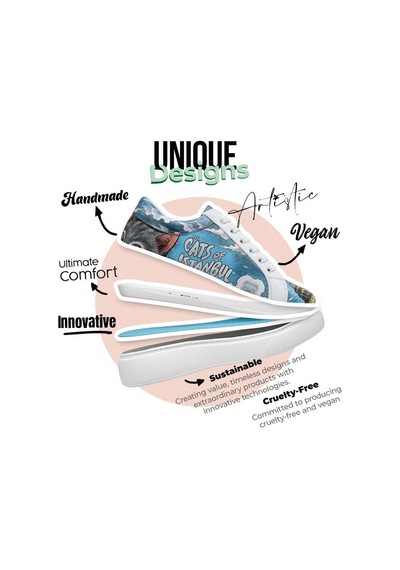 Kadın Vegan Deri Beyaz Sneakers - Galata Cat Tasarım Çok Renkli