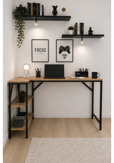 Çam/siyah L Masa, Kitaplıklı, Raflı, 120 Cm Çalışma Masası, Bilgisayar, Pc, Oyuncu, Gaming Masası Metal Ayaklı Kahverengi