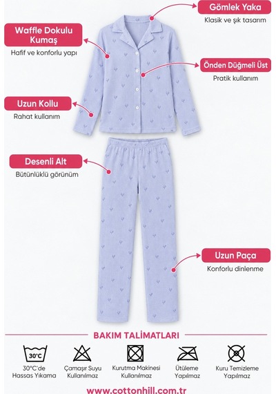 Cottonill Mavi Desenli Waffle Dokulu Gömlek Yaka Düğmeli Uzun Kollu Kadın Pijama Takımı Cottonill Mavi Desenli Waffle Dokulu Gömlek Yaka Düğmeli Uzun Kollu Kadın Pijama Takımı