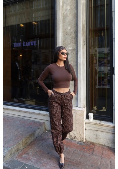Kechi Woman Gabardin Kumaş Desenli Pantolon Kahve Leopar