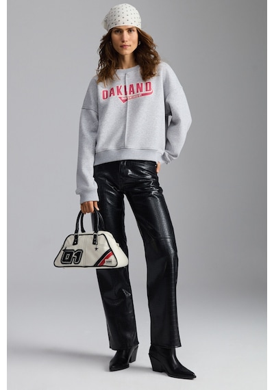 Grımelange Daleska  Kadın Organik Pamuklu Yumuşacık Önü Kesikli Baskılı Yuvarlak Yaka Grimelanj Sweatshirt
